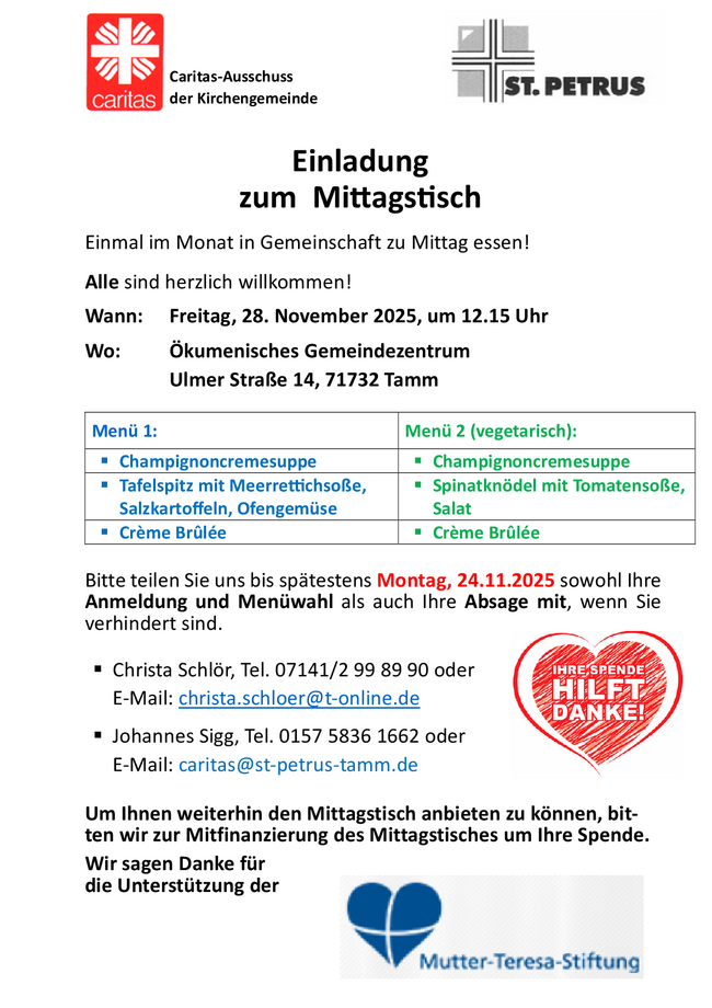 Speiseplan vom 28. November